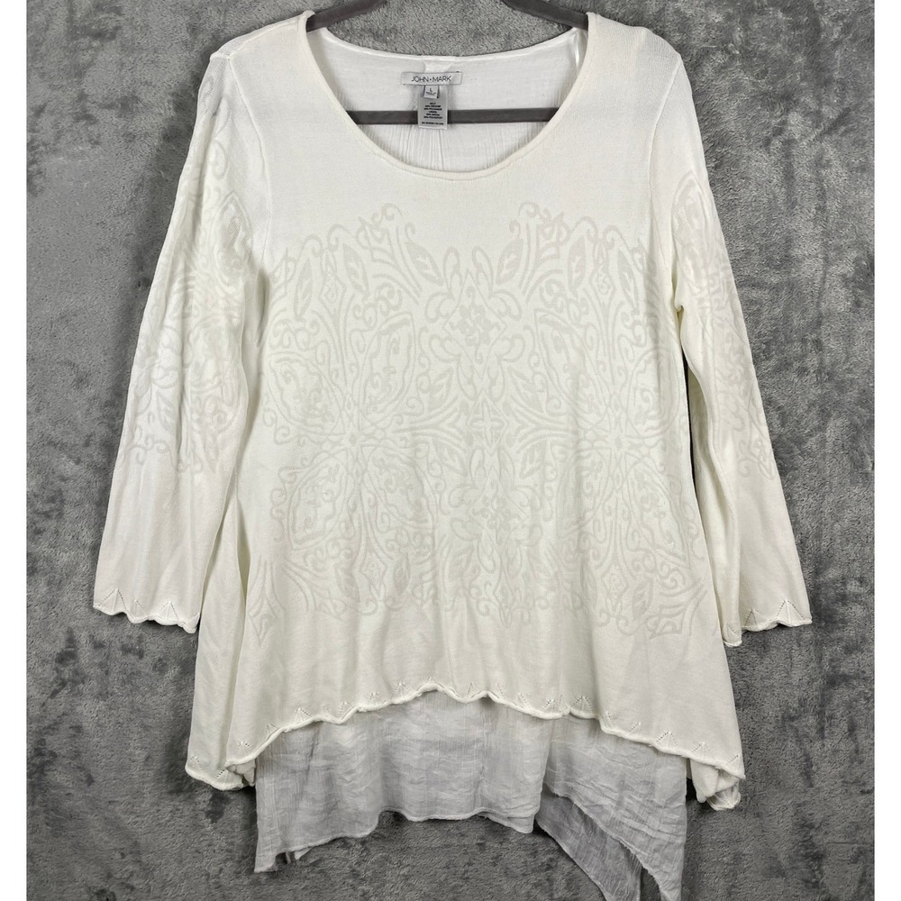 John Mark Top Women's Large Ivory Scroll Gauzy Layered Hem Bohemian Asymmetrical